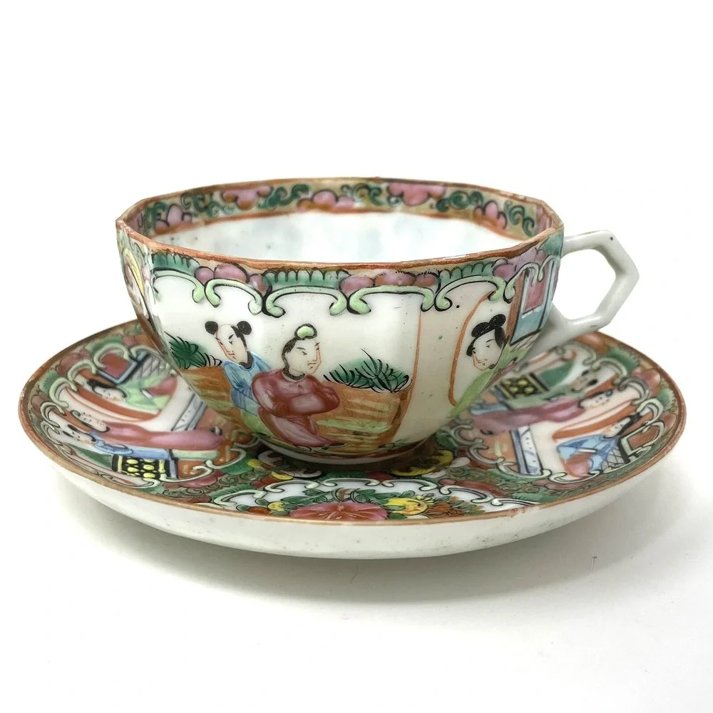 Antique Rose Medallion Chinese Porcelain Tea Cup & Saucer‎ Lot Of 3 Asian Art